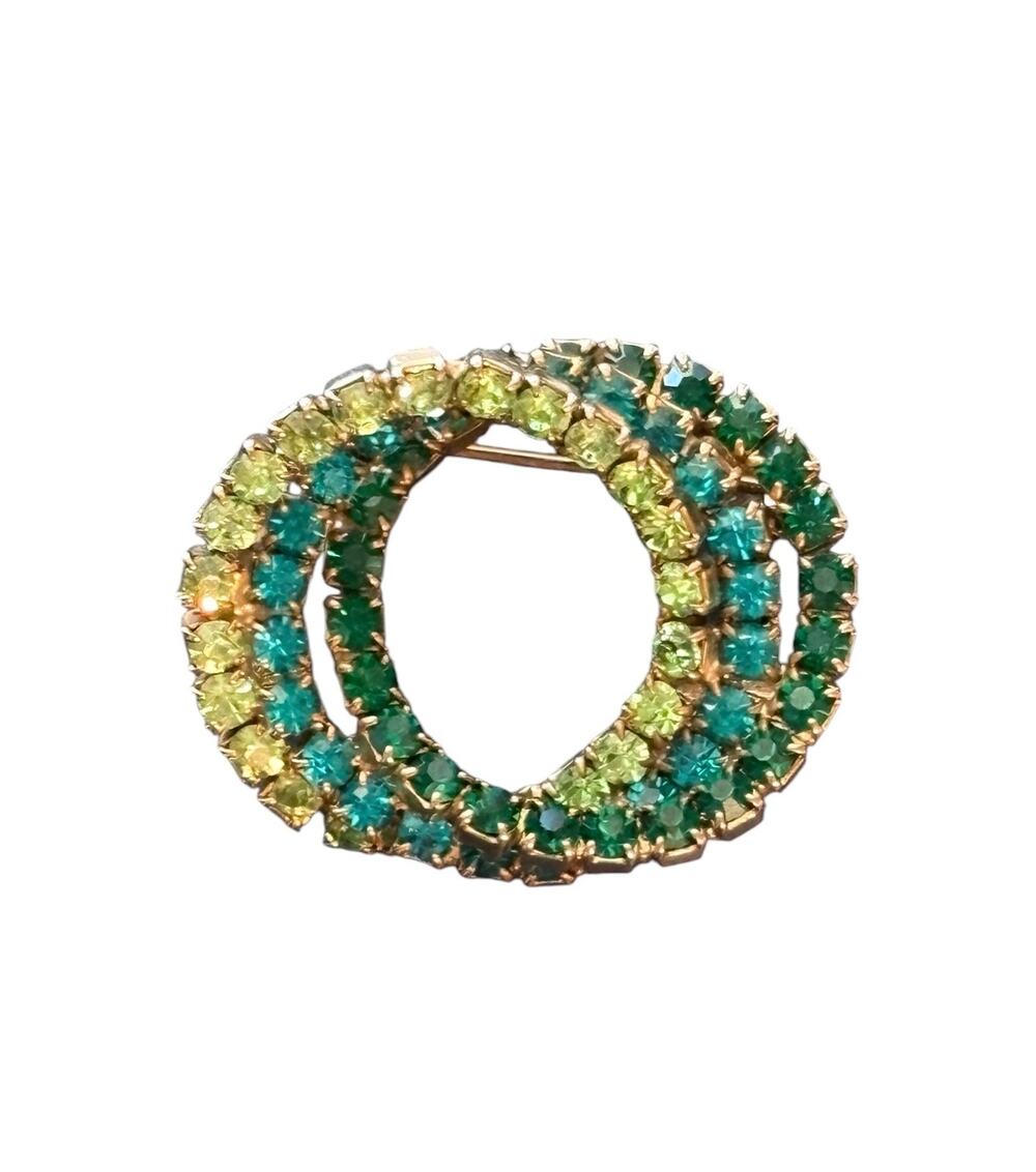 Vintage Triple Entwined Circle Rhinestone Brooch Three Shades Green Gold Tone